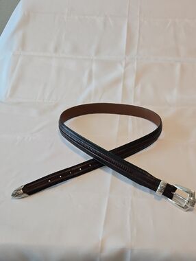 Brighton Onyx Brown Leather Belt Silver Engraved Buckle Size 42
